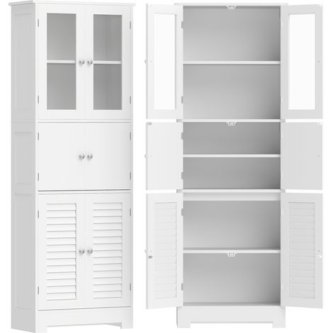 Meuble de salle de bain haut blanc, armoire de rangement à 6 portes dont 2 vitrées et 2 persiennes, étagère ajustable. (1/5)
