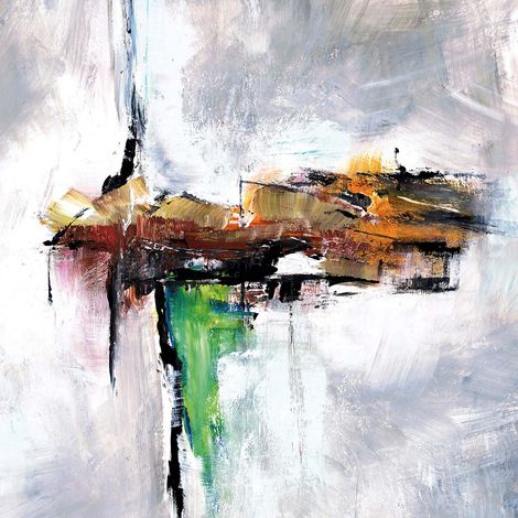 Tableau moderne art abstrait pour salon | Tableau sur toile mutlicolore gris, vert et orange | Tableau design idéal pour couloir 0,5 x 0,5 m (1/2)