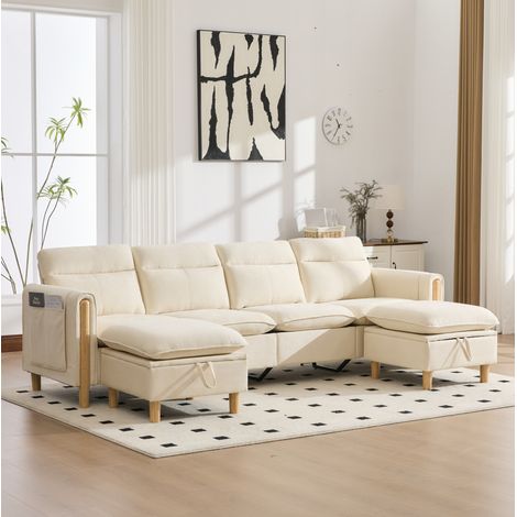 Modulares U-Polstersofa 4-Sitzer mit 2 Stauraumhockern, beige Chenille HAVRYA (1/5)