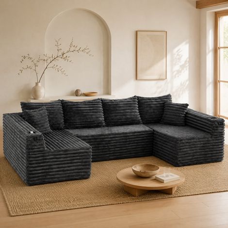 DESMIU Canapé panoramique en U Modulable avec Porte-gobelet et Poche latérale, en Corduroy, Gris foncé 320 × 155 × 88 cm (1/5)