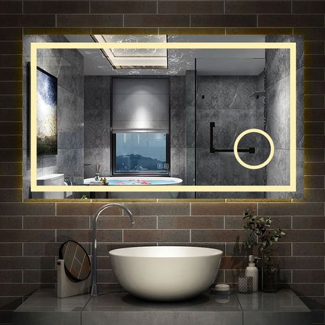 AICA sanitaire Simple Bluetooth LED miroir de salle de bain tricolore tactile avec anti-buée et miroir grossissant 3x 80x60cm (1/5)