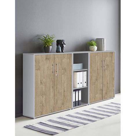 BMG Möbel abschließbare Regalwand/Schrankwand, Office Edition Set 8, grau/ gold harbor oak
