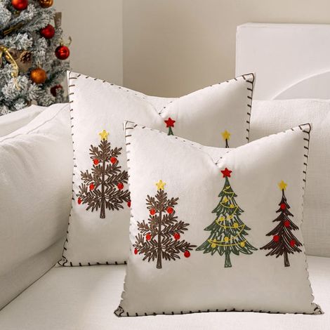 Funda de cojín decorativa navideña de dos piezas para salón, con diseño de árbol de Navidad bordado, color blanco, 45 x 45 cm.