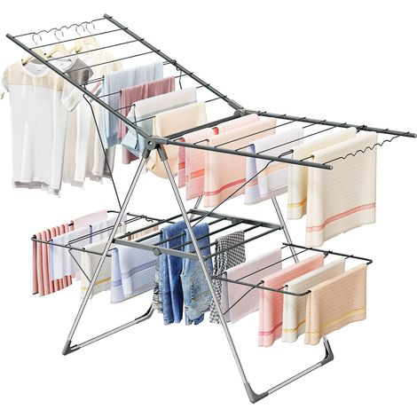 Séchoir à Linge à 2 Niveaux, Pliable Etendoir Linge avec 4 Ailes Réglables en Hauteur, 3 Secondes Déplier ou Plier, Acier Inoxydable Tancarville Linge Intérieur Extérieur, 143cm, Gris (1/5)