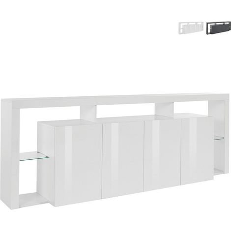Aparador salón 4 puertas aparador grande 220 x 40 x 80 diseño moderno Towyn - Blanco brillante (1/5)
