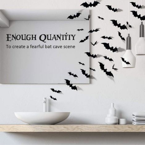Chauve-souris 3D - Décoration Halloween PVC Noir - Autocollant Murale Amovible - 12 Pièces 4 Tailles (1/5)