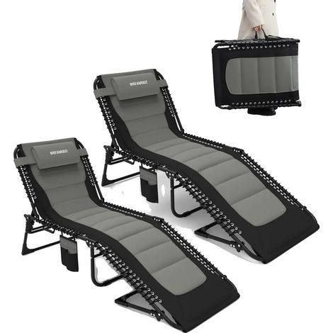 Lit de plage pliant, réglable sur 5 niveaux, transat portable, 2Pcs 200x68x35cm (1/2)