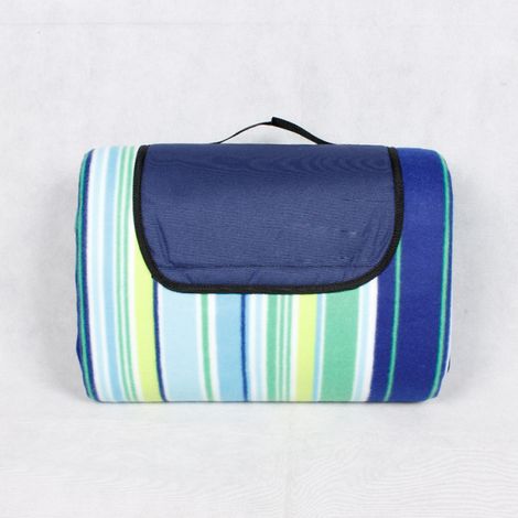 (Blue Vertical Stripes) 200 x 200 cm Large Waterproof Sandproof Picnic Blanket, 3 Layer Beach Blanket with Carry Handle, Outdoor Picnic Mat (1/5)