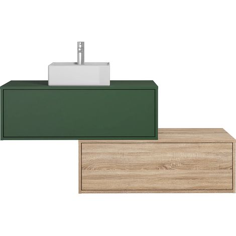 Mobile per bagno sospeso con lavabo singolo quadrato e due cassetti 94 cm Verde e Naturale chiaro - TEANA II (1/5)