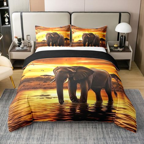 Parure de lit 100 % coton - Motif éléphant - Sunset Scenery - Housse de couette - 200 x 200 cm - 2 taies d'oreiller - Gris, jaune, orange (1/5)