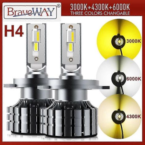 Braveway H4 LED Headlights 3000K + 4300K ​​+ 6000K for Cars, Bi-LED Canbus 12V 12,000 lm Bulbs, 3 Colors: White and Yellow - AquaForge