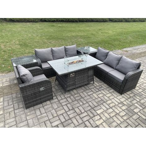 Fimous Rattan Gartenmöbel Set im Balkon Gas Feuerstelle Tisch Liegestühle 3-Sitzer Sofa Sets mit 2 Beistelltischen 7-Sitzer (1/5)