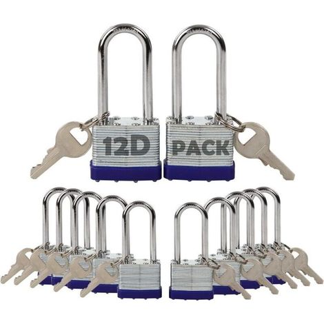 Paquet de 12 cadenas à clé identique avec 14 pièces identiques, anse extra longue, corps en acier laminé robuste de 1-9/16" 40 mm, antirouille, pour casier extérieur et intérieur, clôture, portail, o