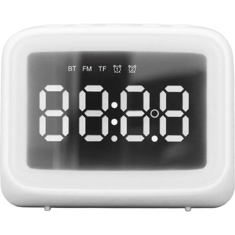Réveil, radio, lecteur de musique par carte TF, veilleuse LED à deux niveaux de luminosité, réveil électronique miroir adapté aux chambres et aux bureaux, blanc.