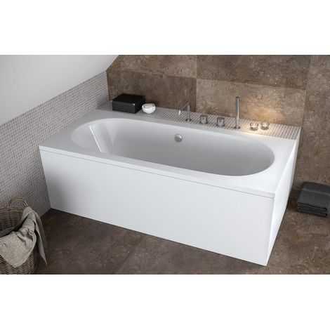 ECOLAM Badewanne Wanne 150x75 cm Vitae Rechteckbadewanne für Zwei Modern Design Acryl weiß + Schürze Ablaufgarnitur Automatik Füße Silikon Komplett-Set