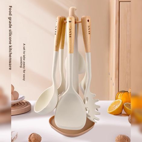 Coffret de 7 ustensiles de cuisine en silicone alimentaire résistant à la chaleur, manche en bois, couleur blanc lait, pour poêles antiadhésives (1/5)