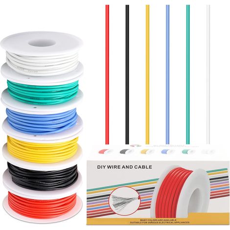 Fil Electrique Silicone 24AWG, 0.2mm² Kit 6 Couleurs 7m Fil de Cuivre Etame: Multibrins Pour Connexions Fiables et Soudure Facile – Conductivite Excellente pour Section Fine, Durabl (1/5)