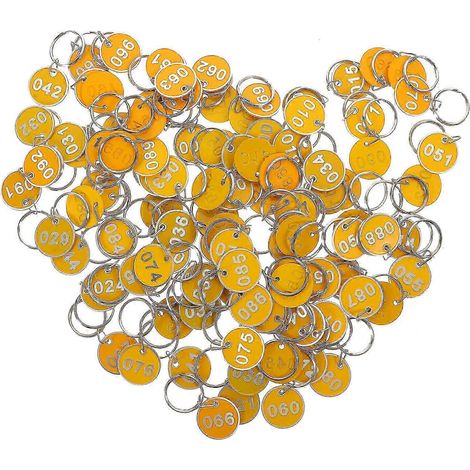 Lot de 100 étiquettes porte-clés numérotées de 1 à 100 idéales pour ranger vos affaires dans un sauna. Dimensions : 3 x 3 x 02 cm. Couleur : jaune. (1/2)