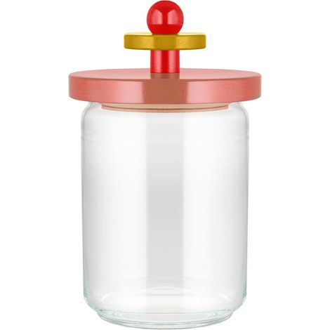 Alessi ES16/100 2 Barattolo Ermetico in Vetro con Coperchio in Legno di Faggio, 100 Values Collection, Acciaio, Giallo/Rosso/Rosa (1/2)