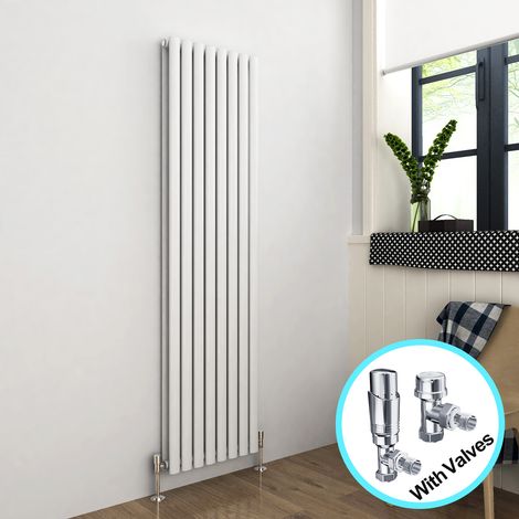ELEGANT Vertical Radiator 1800 x 472mm Double Panel Designer White Oval Column Heating Rad with Chrome Thermostatic Radiator Valves (1/5)
