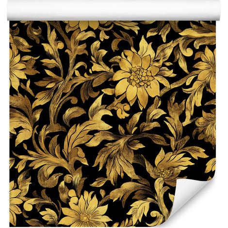 Papier peint ocre hibiscus doré, fond ocre pour salon et chambre 50x1000 cm (1/5)