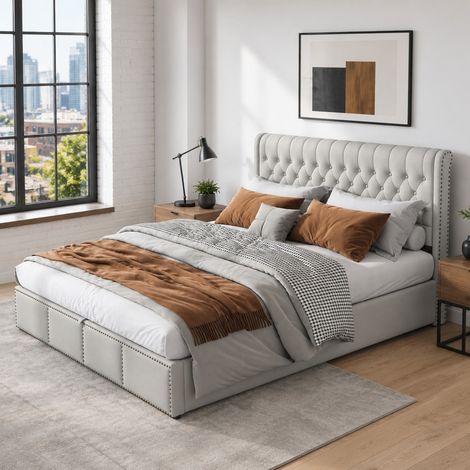 Letto contenitore matrimoniale 180x200 cm, con vano contenitore idraulico, in cotone-lino, grigio, senza materasso (1/5)