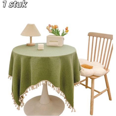 Tovaglia in tessuto misto lino, 120 x 120 cm, con frange, tovaglia quadrata in stile francese per cucine o tavoli da pranzo, verde (1/5)