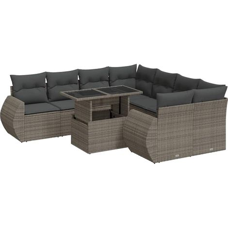 vidaXL Set Divano da Giardino 9 pz con Cuscini Grigio in Polyrattan (1/5)