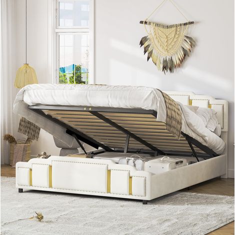 Lit coffre 140x200 cm avec rangement hydraulique et LED, en velours, beige, sans matelas (1/5)