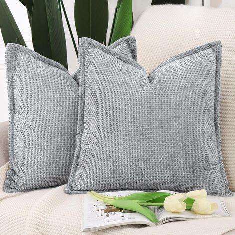 Lot de 2 Housses de Coussin Chenille en Velours avec Bordure Décorative Douce pour Canapé Chambre à Coucher Gris 50x50 cm (1/5)