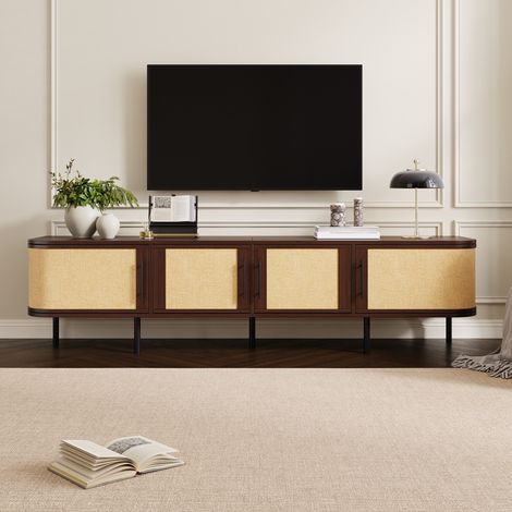 Mueble tv de salón 180 x 40 x 45 cm con 4 puertas de aspecto trenzado - Mesa de televisión de mdf estilo moderno con patas de hierro y tiradores negros - Nogal (1/5)