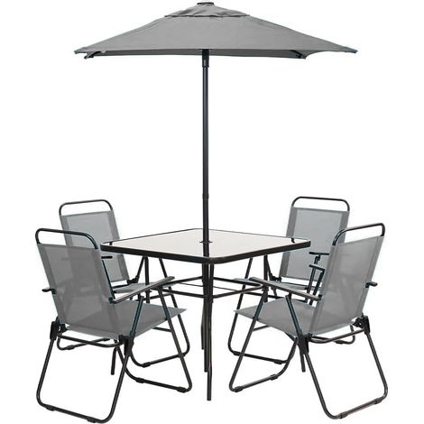 Set da Pranzo 6 Pezzi per Giardino Patio con Ombrellone 4 Sedie Pieghevoli Grigio (1/5)