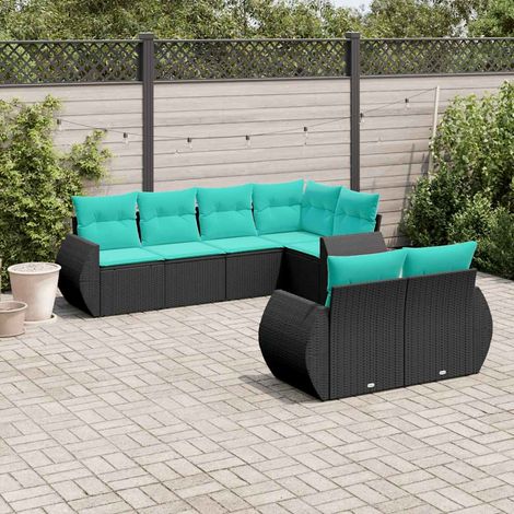 Teenpull – 7-teiliges Gartensofa-Set mit Kissen, schwarzes Polyrattan (1/5)