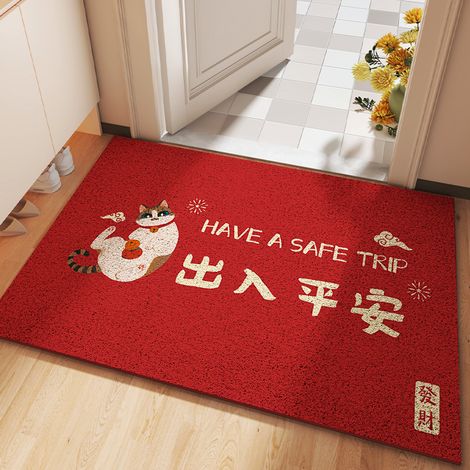 Tapis de sol bouclé en PVC de style chinois, rouge festif, résistant et antidérapant, idéal pour la maison et l'entrée. Découpable à la taille souhaitée. Porte-bonheur. Dimensions : 45 x 75 cm.