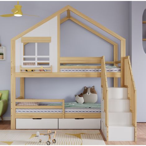 Etagenbett für Kinder 90x200 mit Stauraum, Sicherheitstreppe, weiß und Holz, OKMYHOME (1/5)