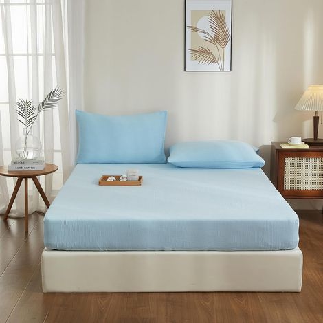 Drap Housse 160 x 200 Coton Bleu Bonnet 30 cm Drap Housse 160 x 200 Double en Gaze de Coton Super Doux Confortable Respirant Drap de lit pour Matelas Épais (1/5)