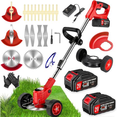 Débroussailleuse à Electrique sans Fil 21V 2.0Ah Coupe Bordure sans Fil avec 2 Batterie et Chargeur Rapide Taille Bordure avec Roues Trois Types De Lames,légères et à Faible Bruit,pour Jardin Élagage (1/5)