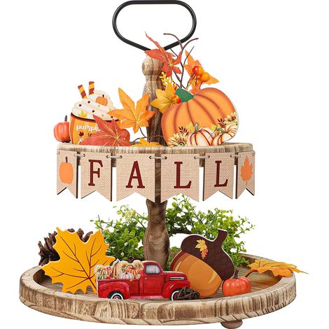 Tiered Tray Decor Fall Maple Leaf Pumpkin Wooden Blocks Tray for Tabletop Holiday Party (1/4)