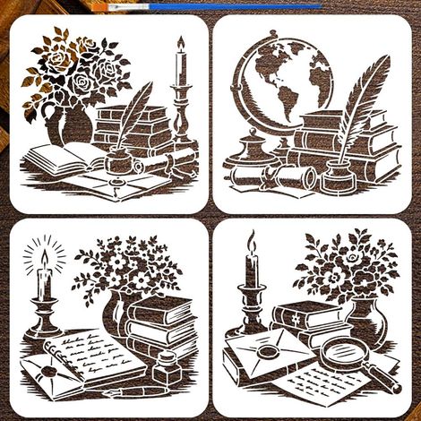 4Pièces Pochoirs Peinture Livres Bureau Avec Pinceau 20x20cm Modèle Enveloppe Fleur Bougie Pochoir Stylo Encre Globe Plastique Thème Quotidien DIY pour Décoration Mur, Sol (1/5)