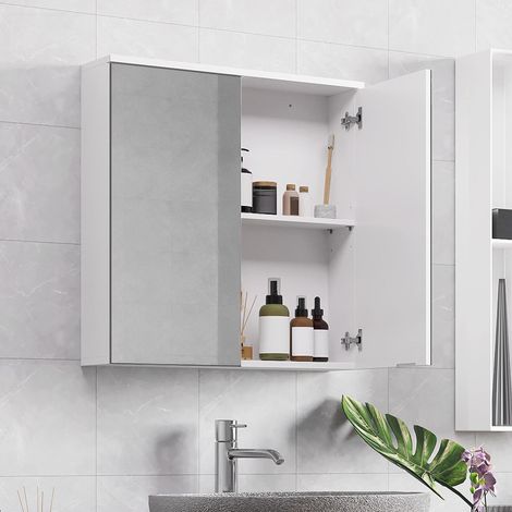 Armoire Murale Salle de Bain, Placard de Rangement Toilettes, avec 2 Portes Miroirs, Étagère Hauteur Réglable 63 x 15 x 65 cm Armoir à Pharmacie (1/5)