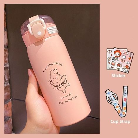 Wasserflasche/Thermosbecher mit Strohhalm, Cartoon-Design + zufälliger Aufkleber + pinkfarbener Schultergurt (1/4)