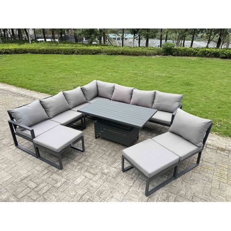 Fimous 9 Pieces Aluminium Garden Furniture Set with Cushions, Patio Furniture Set with Adjustable Rising Lifting Dining Table 2 Big Footstools Dark Grey (1/5)