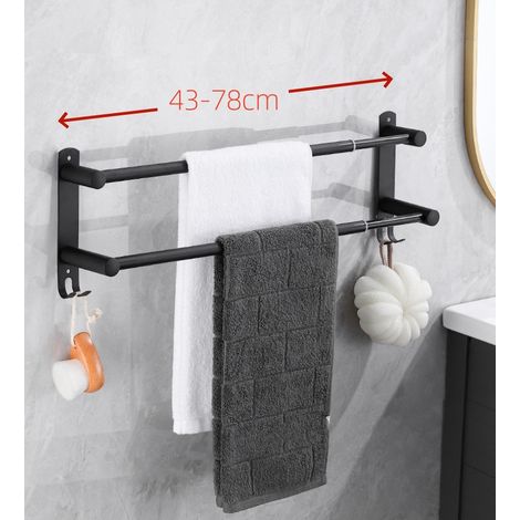 Porte-Serviettes Mural Pliable en Aluminium 2 Niveaux avec Crochets - Extensible 43-78 cm - Résistant à l'Humidité - Finition Noire - Idéal pour Salle d'Eau, Cuisine, WC (1/5)