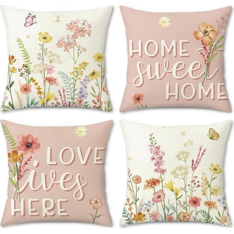 Funda de cojín de lino con estampado floral, funda de almohada decorativa rosa con flores silvestres para sofá, silla, jardín, decoración del hogar, 4 piezas, 45 x 45 cm (1/5)