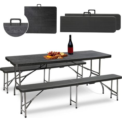 Sekey Bierzeltgarnitur 3-teilig Set Bierzeltgarnitur Klappbar Gartenmöbel Set Tragbar Schwarz, (3-tlg), 180cm Bierbänke und 2 Bierbänke, mit Holz und Rattan-Optik, Wetterfest (1/5)