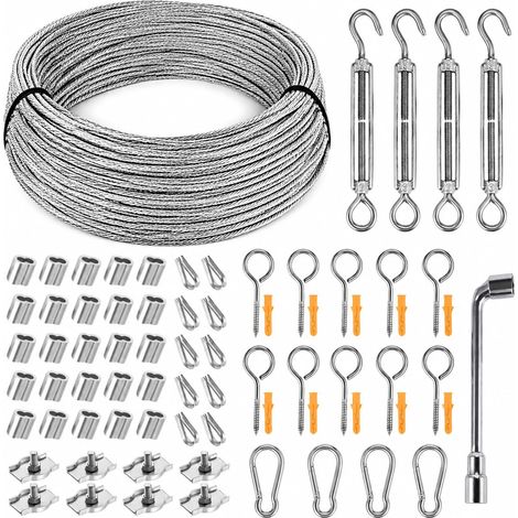 36m Kit Câble Acier 3mm Gainé PVC Structure 7x7 Fil de Fer de 304 73pcs Kit Complet avec Tendeurs, Antirouille, Plantes Grimpantes, Solide (1/5)