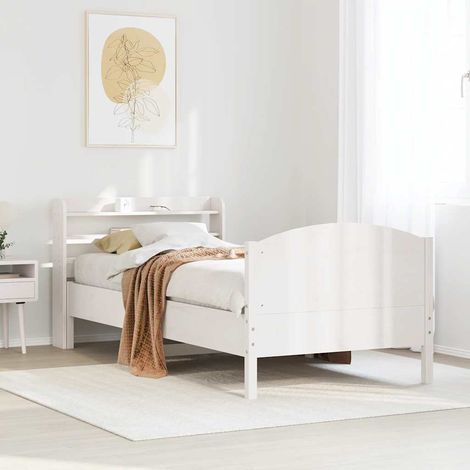 Cadre de lit 100 x 200 cm avec tête de lit et 3 étagères, pin massif blanc, sans matelas - PANGIVO (1/5)