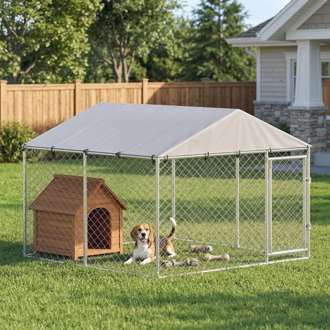 Enclos pour chiens d'extérieur en acier galvanisé avec toit en PE, anti-UV, imperméable, double fermeture, argenté (1/5)