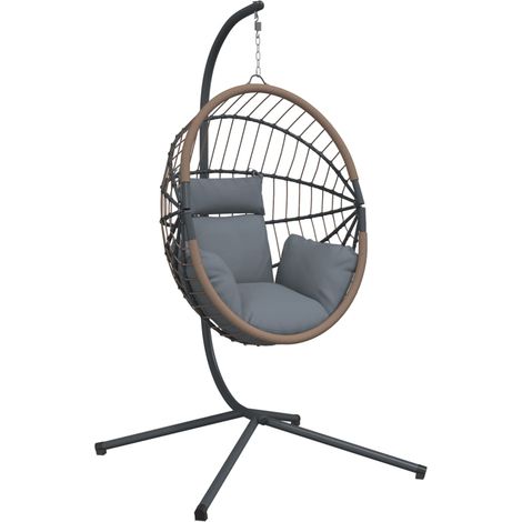 Chaise suspendue forme d'œuf et support gris clair rotin acier (1/5)