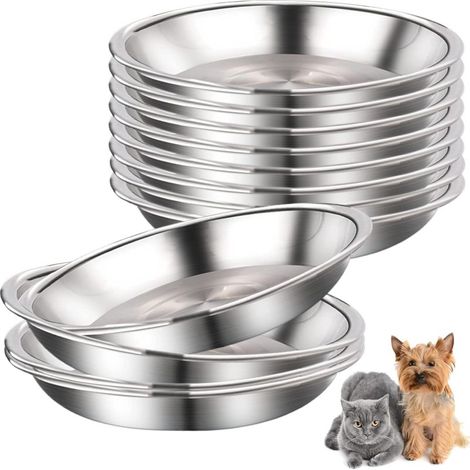 Lot de 12 gamelles peu profondes en acier inoxydable pour chats, assiettes métalliques pour nourriture et eau pour petits chiens et chats (1/5)